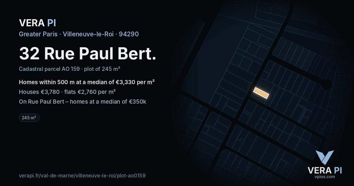32 Rue Paul Bert, Villeneuve-le-Roi at night – the plot lit, the parcels around coloured by the prices near them