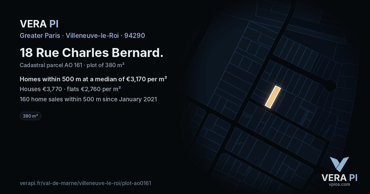 18 Rue Charles Bernard, Villeneuve-le-Roi at night – the plot lit, the parcels around coloured by the prices near them