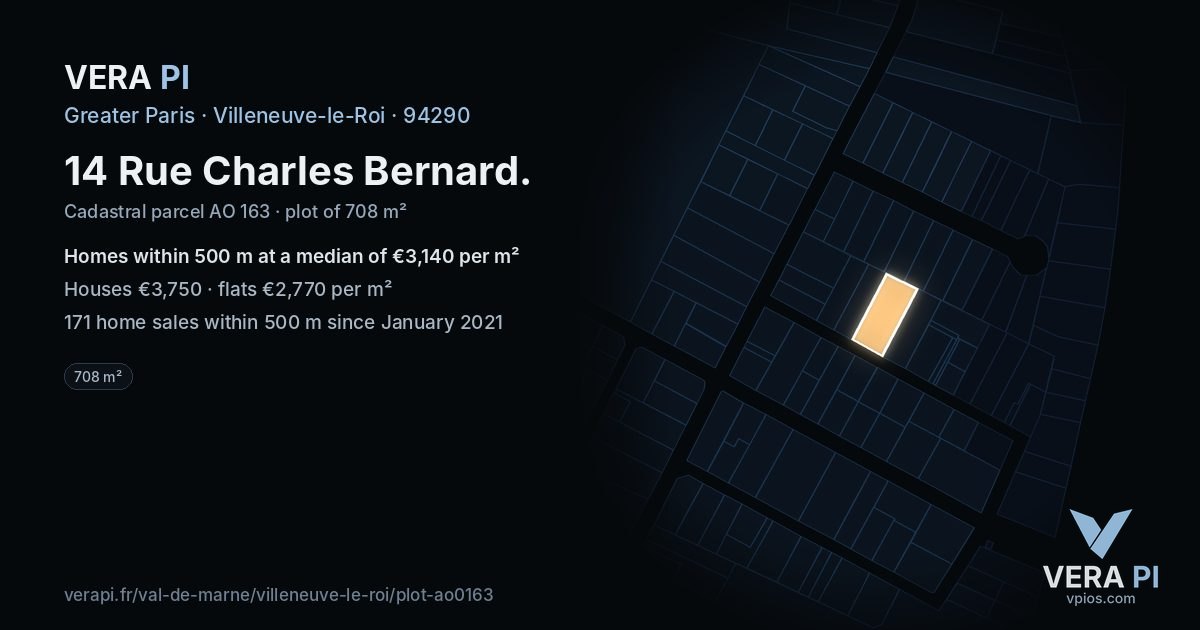 14 Rue Charles Bernard, Villeneuve-le-Roi at night – the plot lit, the parcels around coloured by the prices near them