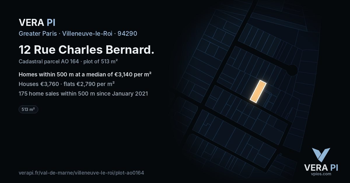 12 Rue Charles Bernard, Villeneuve-le-Roi at night – the plot lit, the parcels around coloured by the prices near them