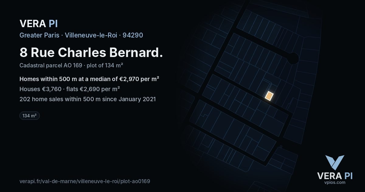 8 Rue Charles Bernard, Villeneuve-le-Roi at night – the plot lit, the parcels around coloured by the prices near them