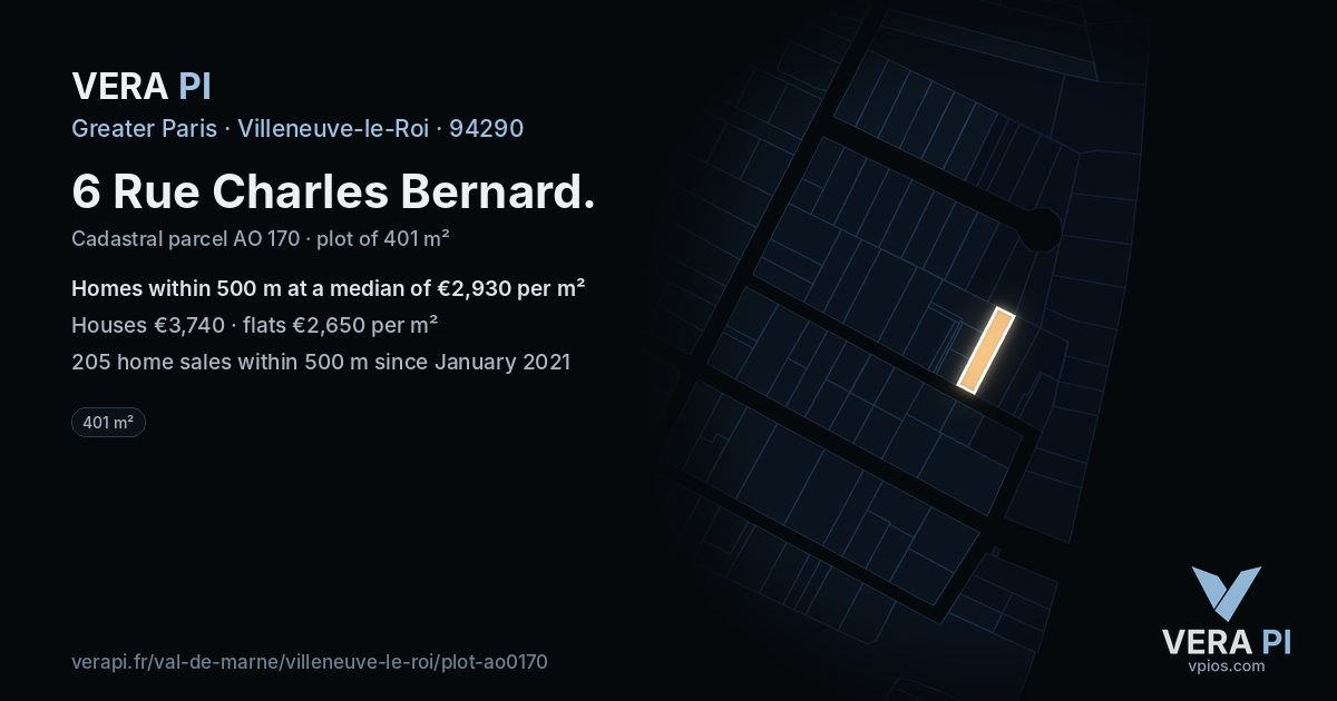 6 Rue Charles Bernard, Villeneuve-le-Roi at night – the plot lit, the parcels around coloured by the prices near them