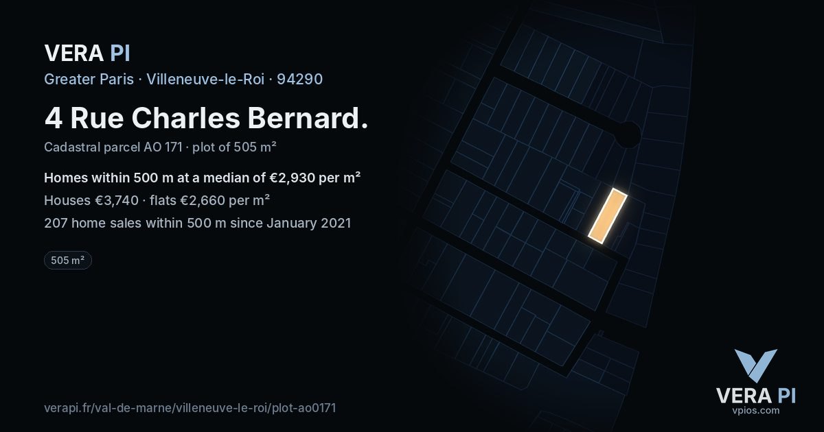 4 Rue Charles Bernard, Villeneuve-le-Roi at night – the plot lit, the parcels around coloured by the prices near them