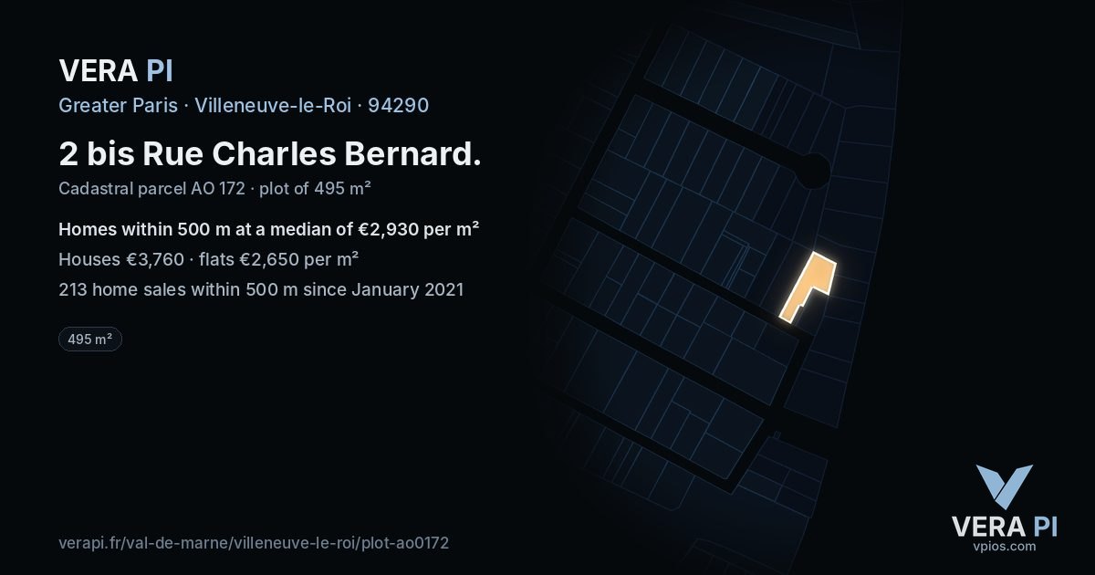 2 bis Rue Charles Bernard, Villeneuve-le-Roi at night – the plot lit, the parcels around coloured by the prices near them