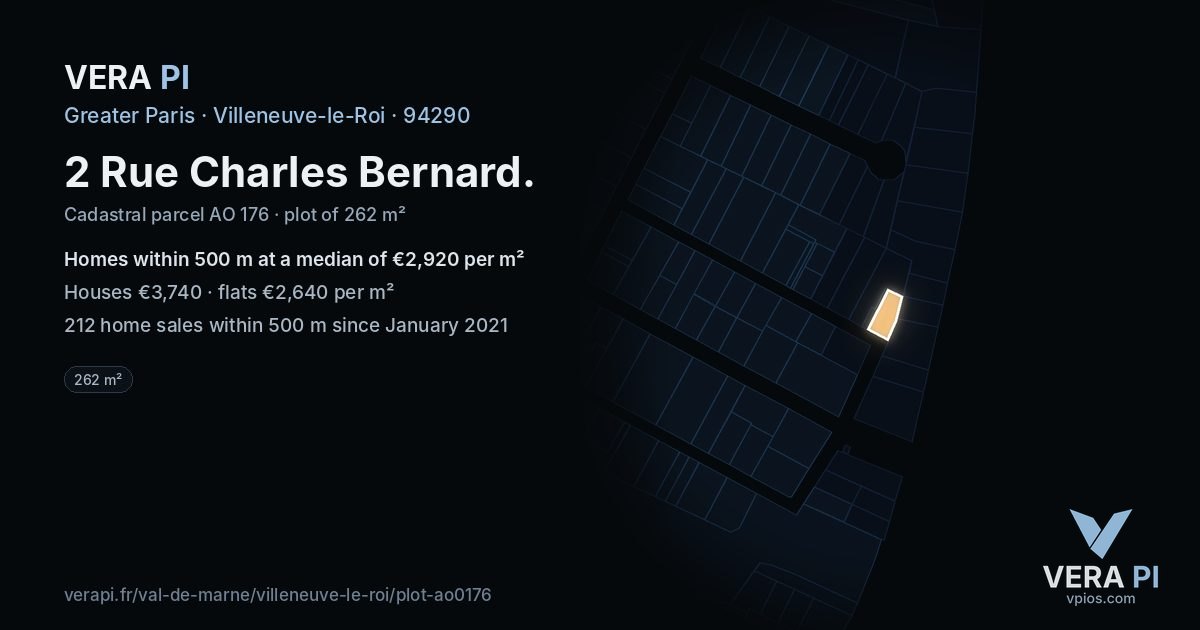 2 Rue Charles Bernard, Villeneuve-le-Roi at night – the plot lit, the parcels around coloured by the prices near them