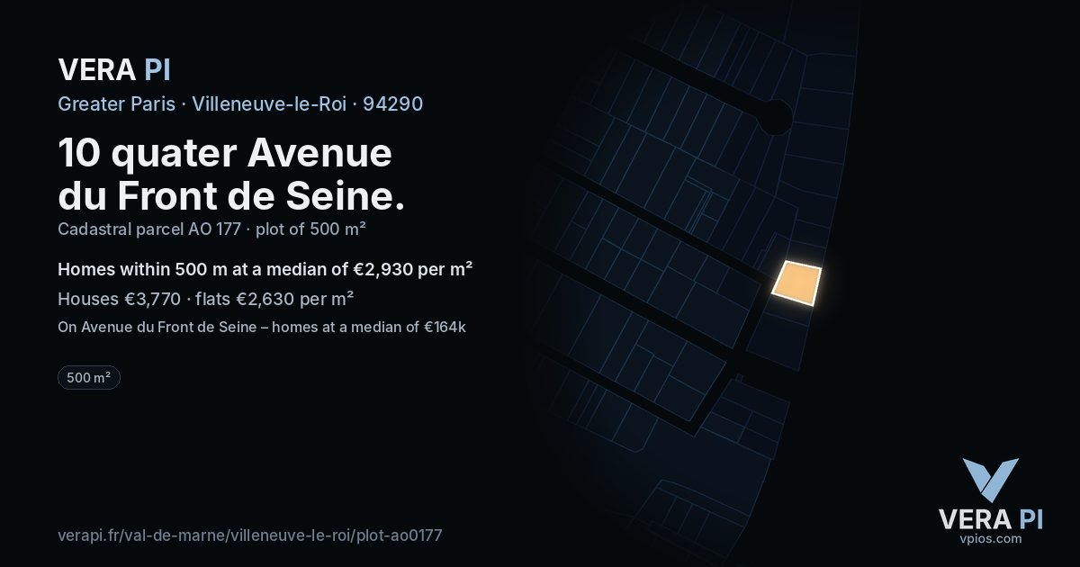 10 quater Avenue du Front de Seine, Villeneuve-le-Roi at night – the plot lit, the parcels around coloured by the prices near them