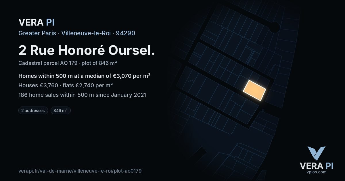 2 Rue Honoré Oursel, Villeneuve-le-Roi at night – the plot lit, the parcels around coloured by the prices near them
