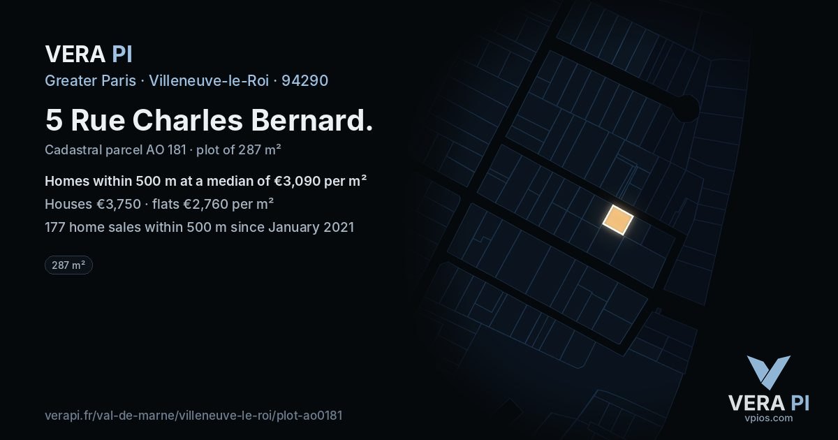 5 Rue Charles Bernard, Villeneuve-le-Roi at night – the plot lit, the parcels around coloured by the prices near them