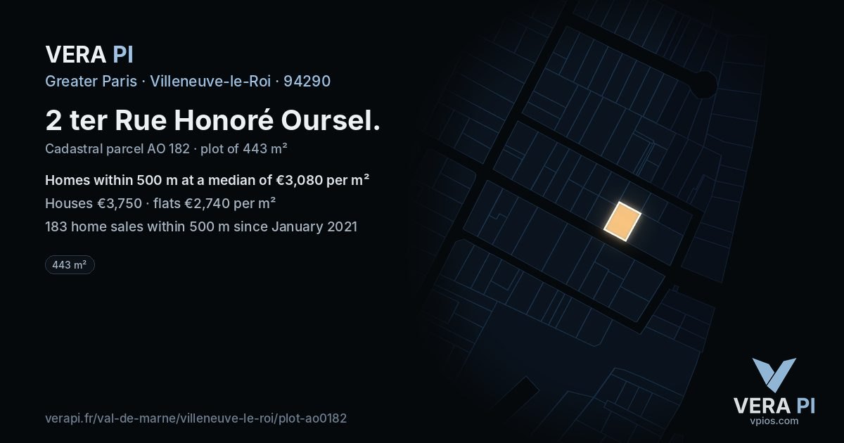 2 ter Rue Honoré Oursel, Villeneuve-le-Roi at night – the plot lit, the parcels around coloured by the prices near them