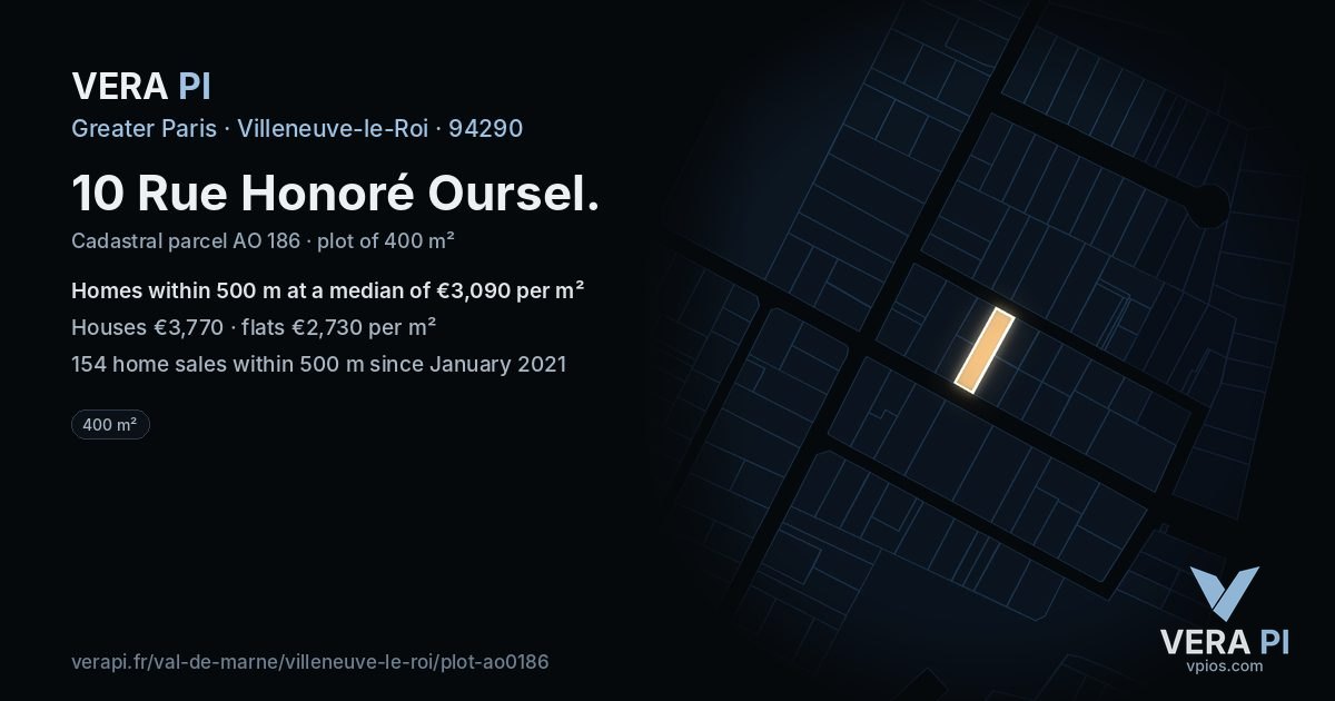 10 Rue Honoré Oursel, Villeneuve-le-Roi at night – the plot lit, the parcels around coloured by the prices near them