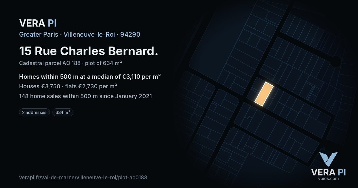 15 Rue Charles Bernard, Villeneuve-le-Roi at night – the plot lit, the parcels around coloured by the prices near them