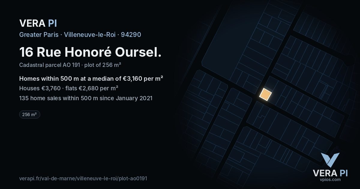 16 Rue Honoré Oursel, Villeneuve-le-Roi at night – the plot lit, the parcels around coloured by the prices near them