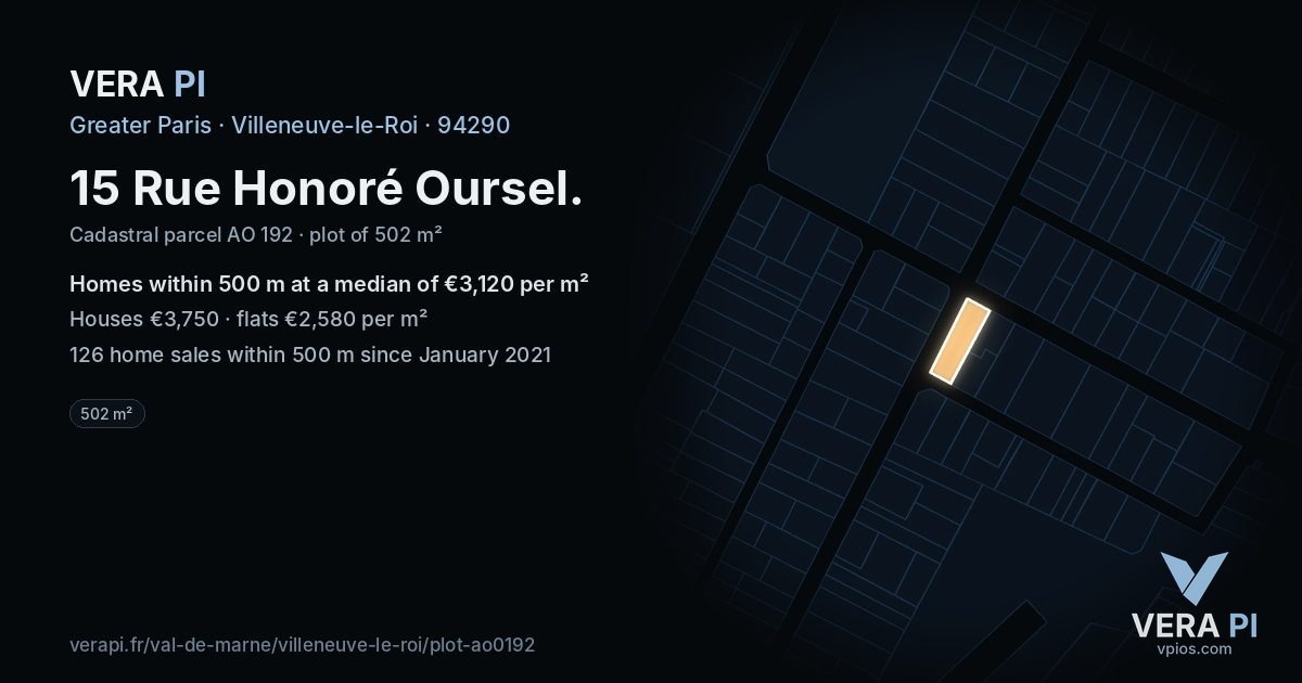 15 Rue Honoré Oursel, Villeneuve-le-Roi at night – the plot lit, the parcels around coloured by the prices near them