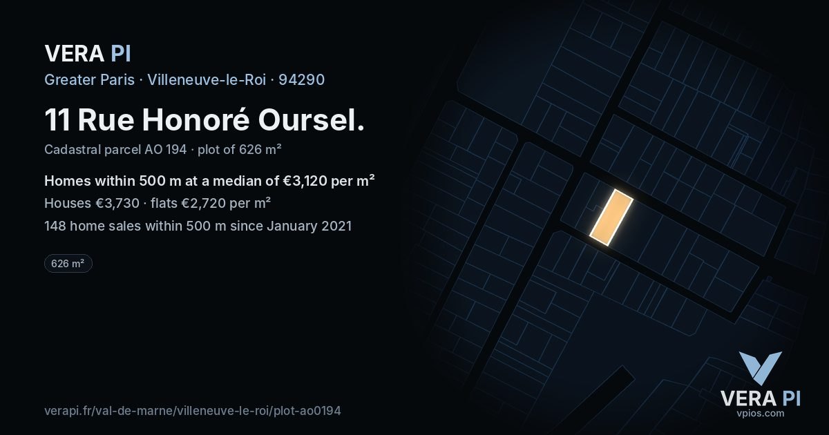 11 Rue Honoré Oursel, Villeneuve-le-Roi at night – the plot lit, the parcels around coloured by the prices near them