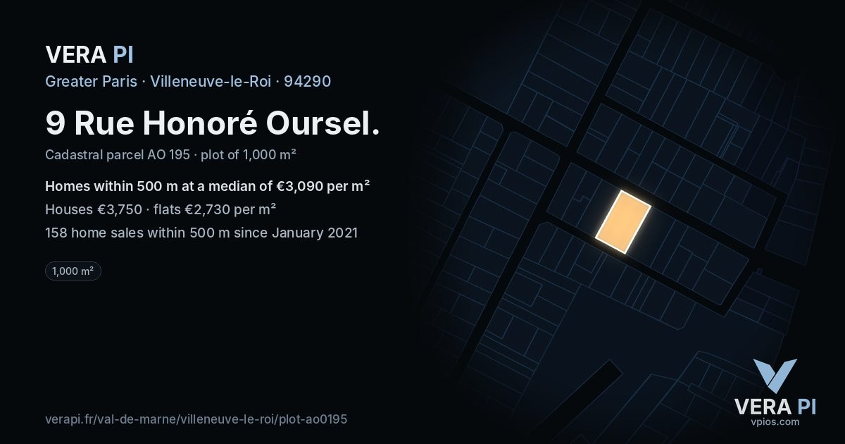 9 Rue Honoré Oursel, Villeneuve-le-Roi at night – the plot lit, the parcels around coloured by the prices near them