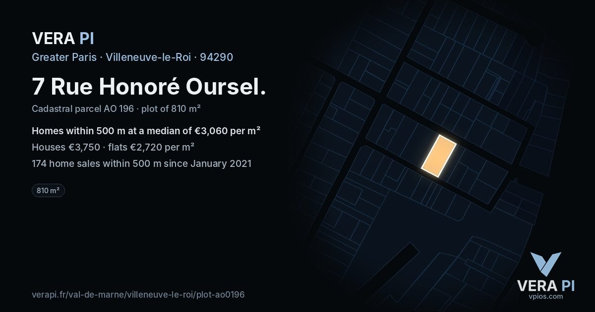 7 Rue Honoré Oursel, Villeneuve-le-Roi at night – the plot lit, the parcels around coloured by the prices near them