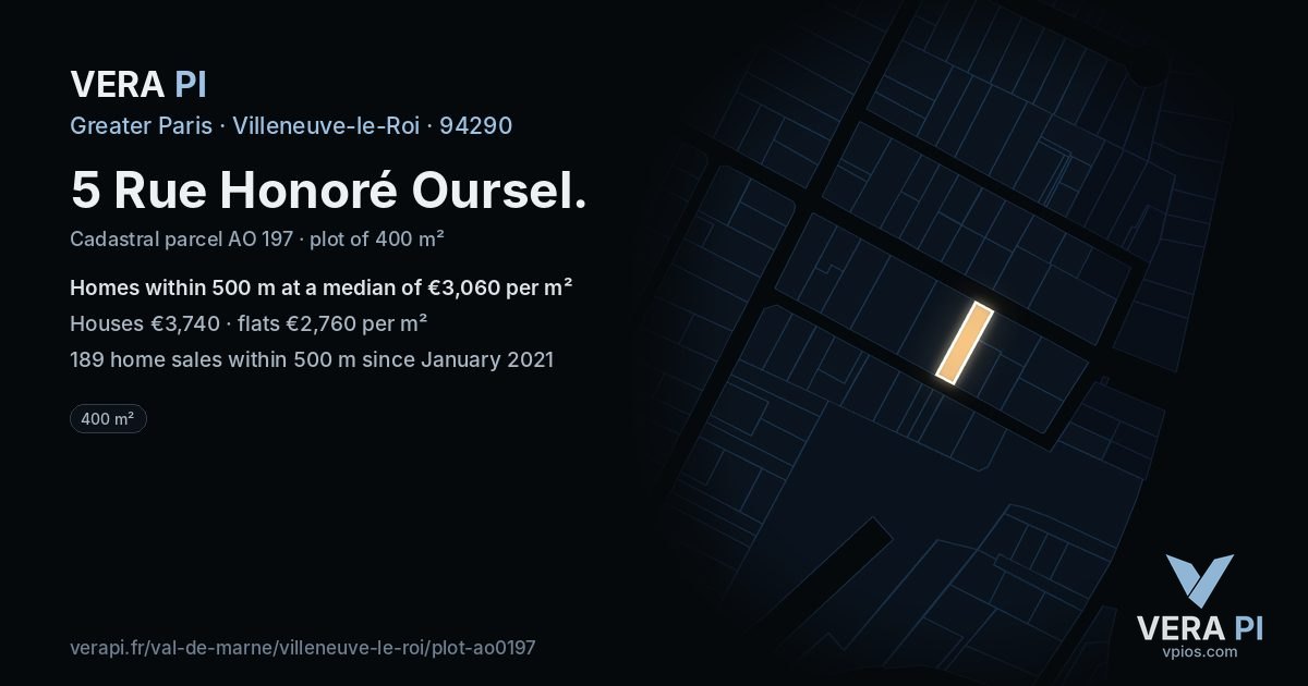 5 Rue Honoré Oursel, Villeneuve-le-Roi at night – the plot lit, the parcels around coloured by the prices near them