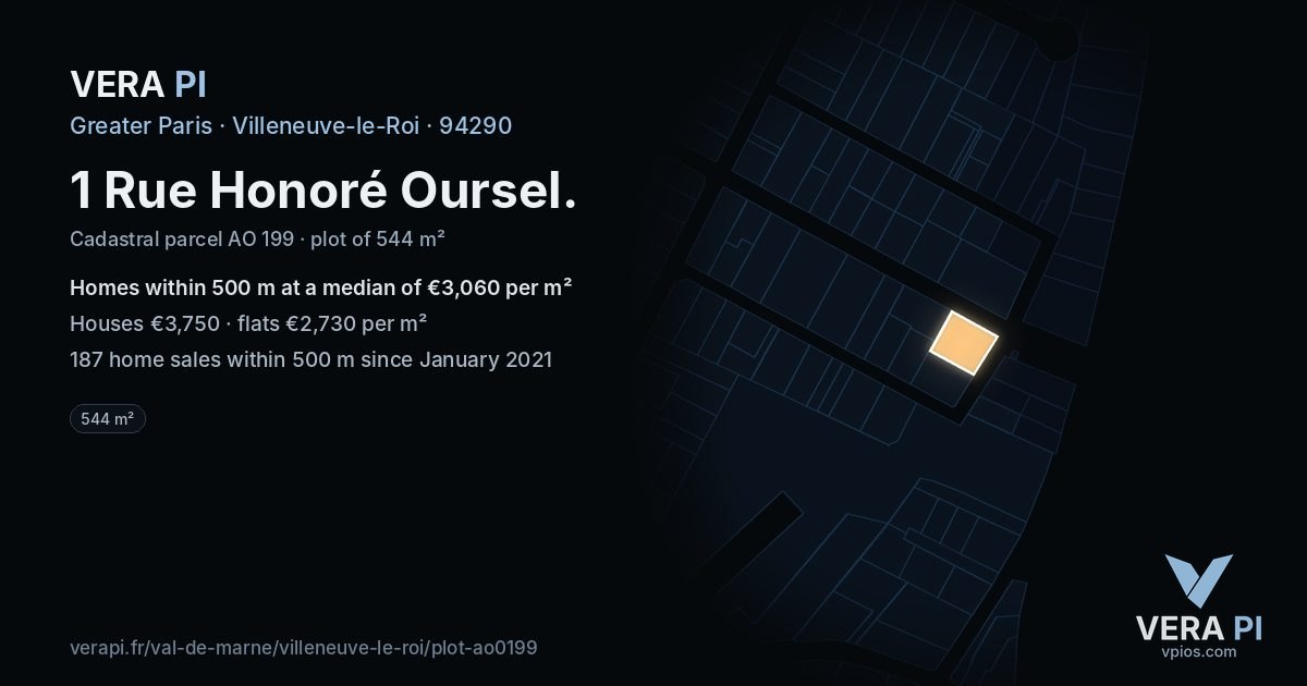 1 Rue Honoré Oursel, Villeneuve-le-Roi at night – the plot lit, the parcels around coloured by the prices near them