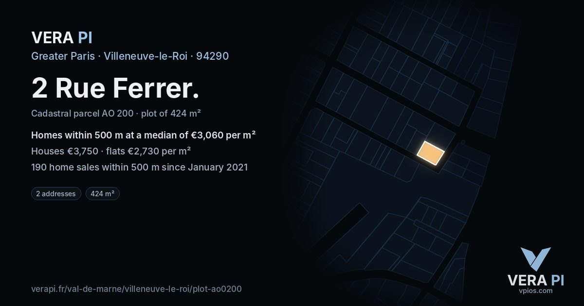 2 Rue Ferrer, Villeneuve-le-Roi at night – the plot lit, the parcels around coloured by the prices near them