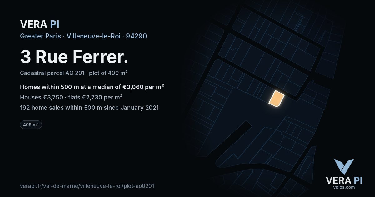 3 Rue Ferrer, Villeneuve-le-Roi at night – the plot lit, the parcels around coloured by the prices near them