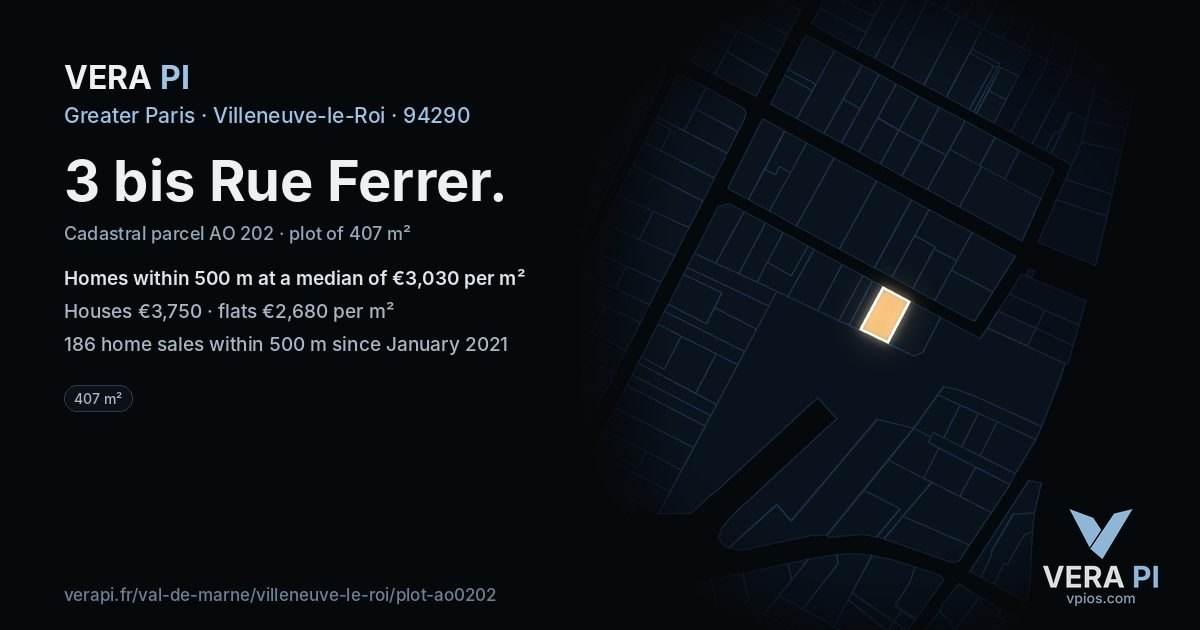3 bis Rue Ferrer, Villeneuve-le-Roi at night – the plot lit, the parcels around coloured by the prices near them