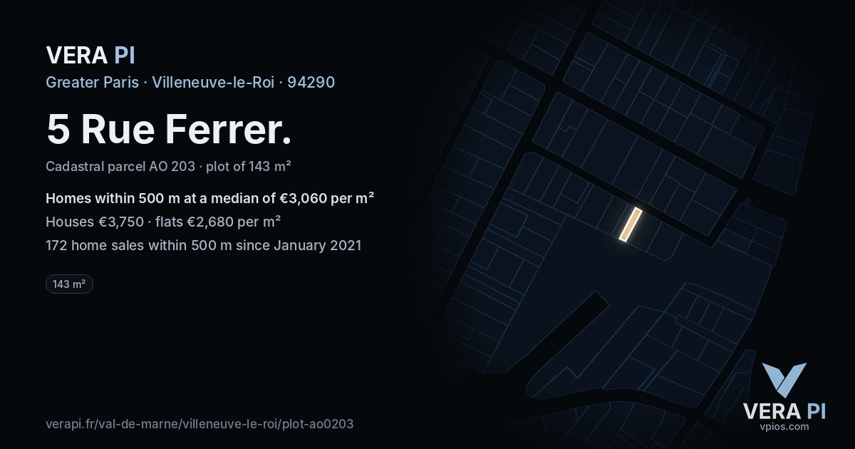 5 Rue Ferrer, Villeneuve-le-Roi at night – the plot lit, the parcels around coloured by the prices near them