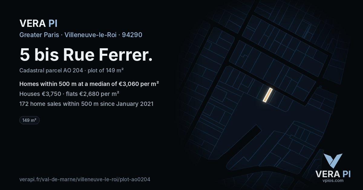5 bis Rue Ferrer, Villeneuve-le-Roi at night – the plot lit, the parcels around coloured by the prices near them