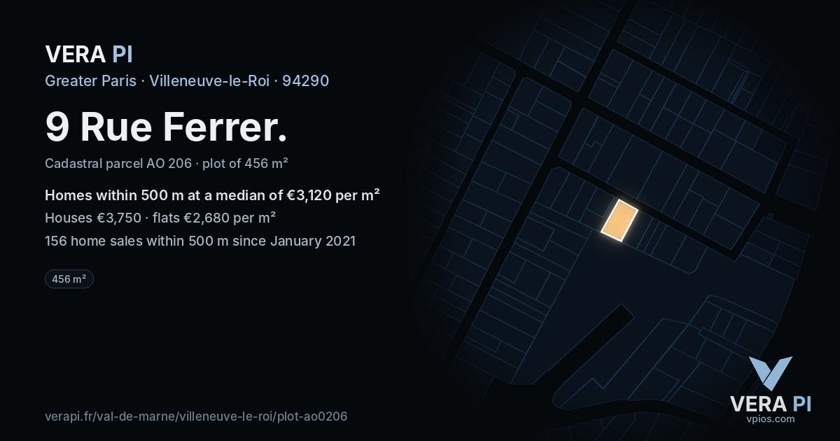 9 Rue Ferrer, Villeneuve-le-Roi at night – the plot lit, the parcels around coloured by the prices near them