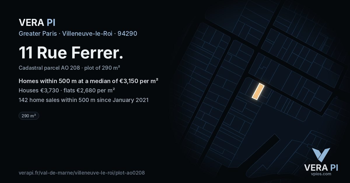 11 Rue Ferrer, Villeneuve-le-Roi at night – the plot lit, the parcels around coloured by the prices near them