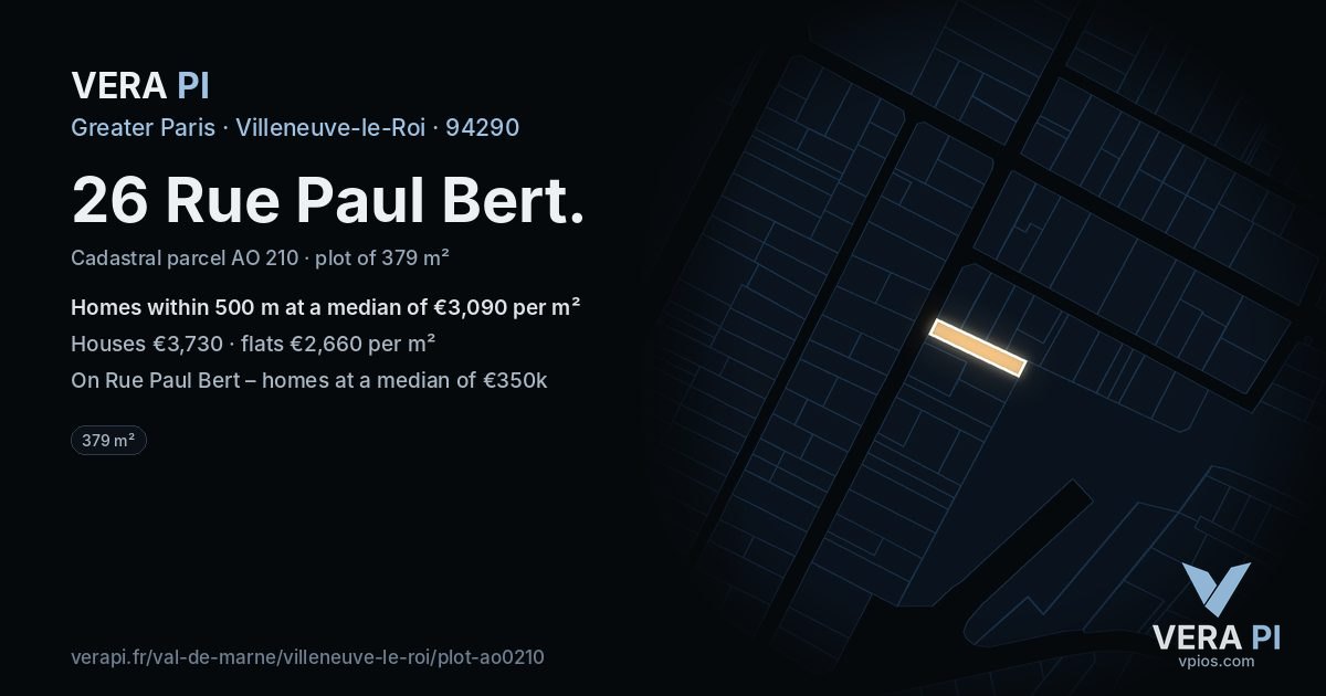 26 Rue Paul Bert, Villeneuve-le-Roi at night – the plot lit, the parcels around coloured by the prices near them