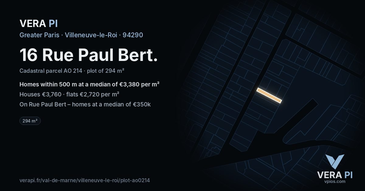 16 Rue Paul Bert, Villeneuve-le-Roi at night – the plot lit, the parcels around coloured by the prices near them