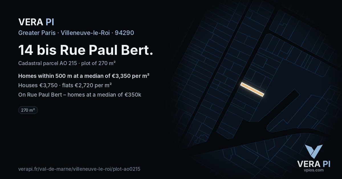 14 bis Rue Paul Bert, Villeneuve-le-Roi at night – the plot lit, the parcels around coloured by the prices near them