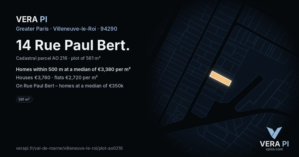 14 Rue Paul Bert, Villeneuve-le-Roi at night – the plot lit, the parcels around coloured by the prices near them