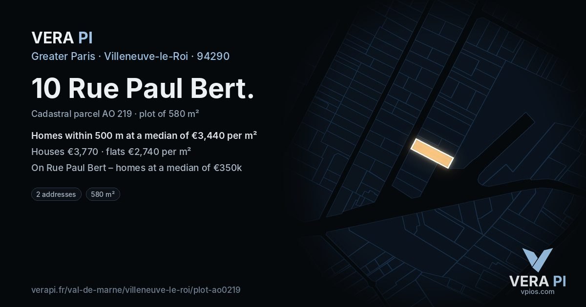 10 Rue Paul Bert, Villeneuve-le-Roi at night – the plot lit, the parcels around coloured by the prices near them