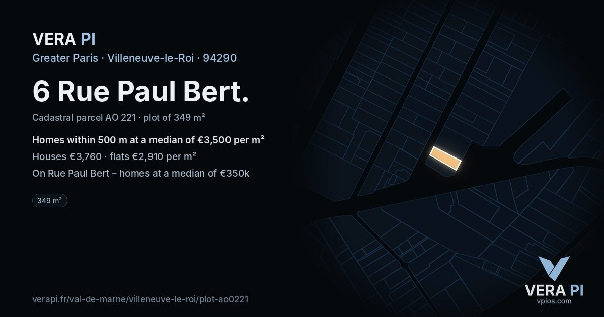 6 Rue Paul Bert, Villeneuve-le-Roi at night – the plot lit, the parcels around coloured by the prices near them