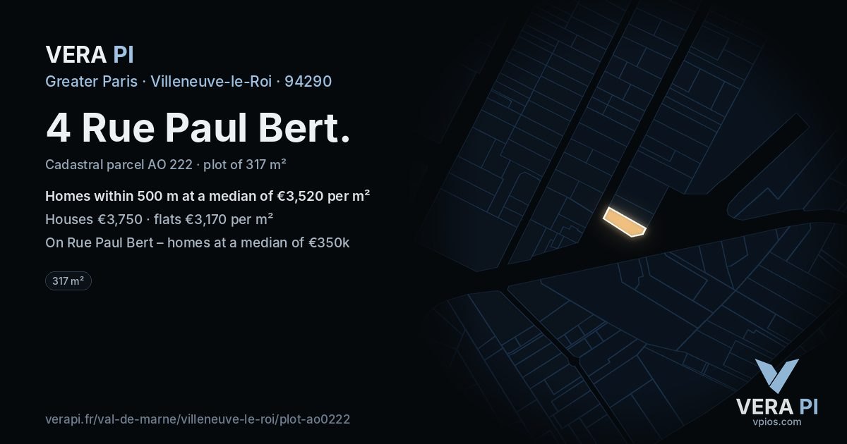 4 Rue Paul Bert, Villeneuve-le-Roi at night – the plot lit, the parcels around coloured by the prices near them