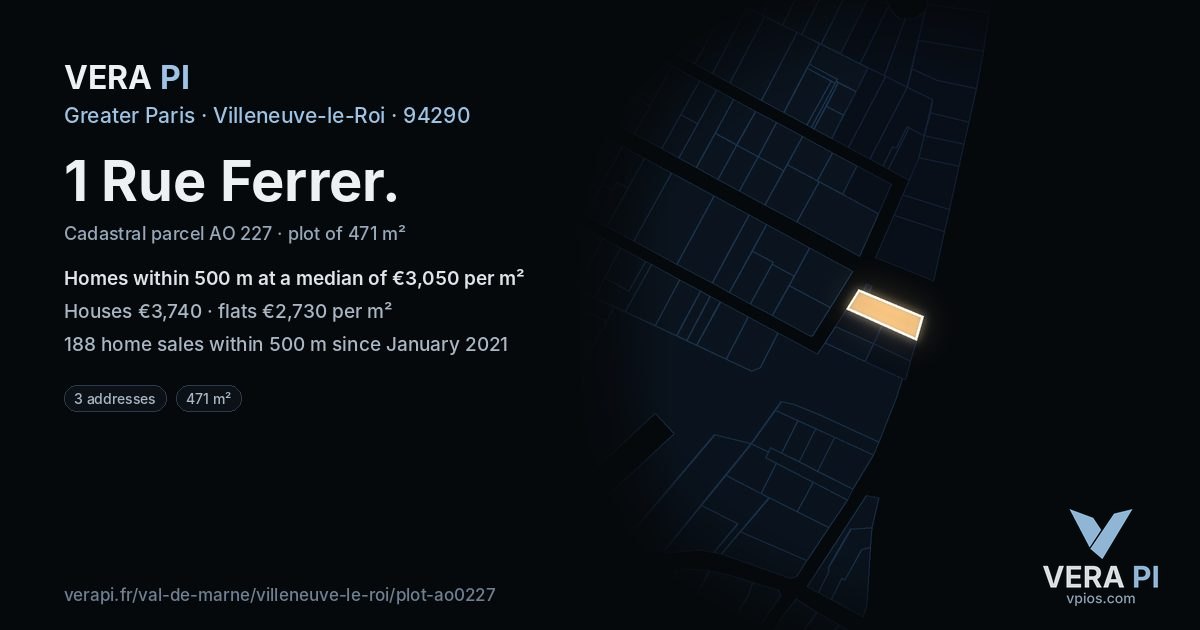 1 Rue Ferrer, Villeneuve-le-Roi at night – the plot lit, the parcels around coloured by the prices near them