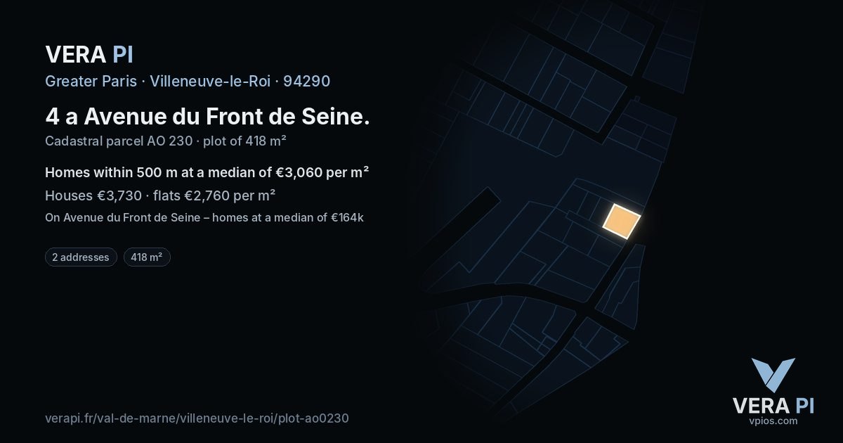 4 a Avenue du Front de Seine, Villeneuve-le-Roi at night – the plot lit, the parcels around coloured by the prices near them