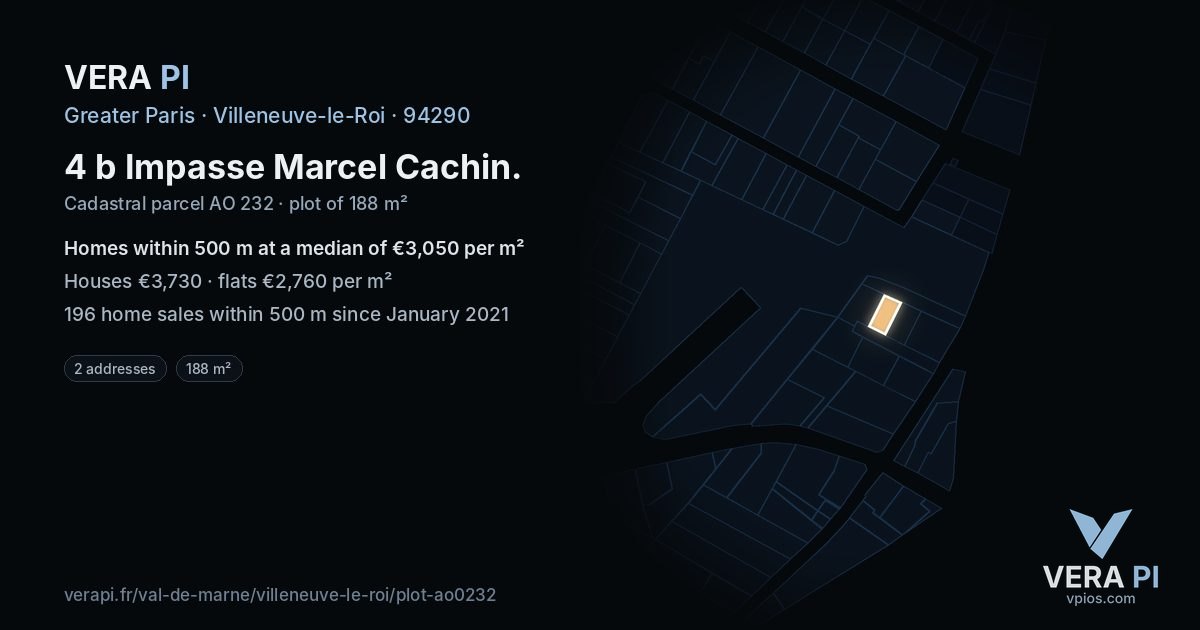 4 b Impasse Marcel Cachin, Villeneuve-le-Roi at night – the plot lit, the parcels around coloured by the prices near them