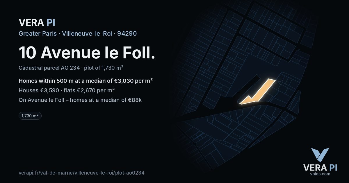 10 Avenue le Foll, Villeneuve-le-Roi at night – the plot lit, the parcels around coloured by the prices near them