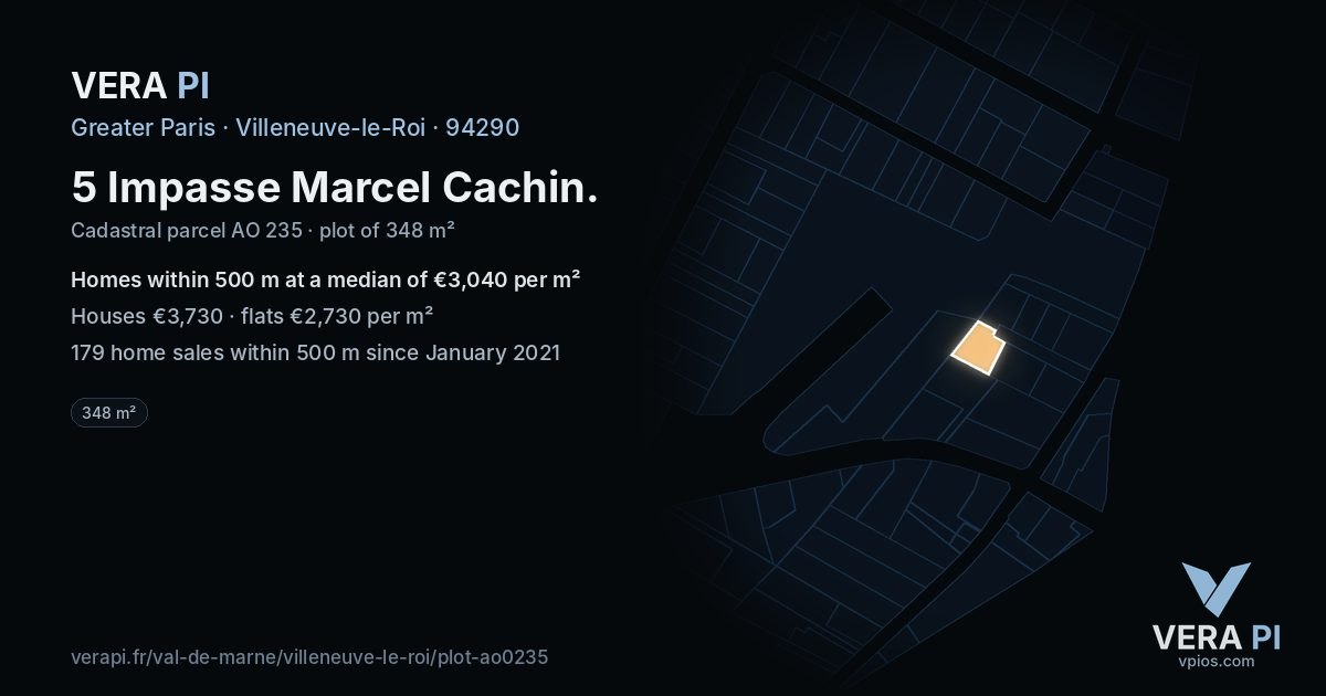 5 Impasse Marcel Cachin, Villeneuve-le-Roi at night – the plot lit, the parcels around coloured by the prices near them