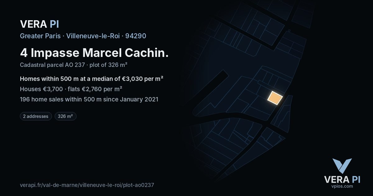 4 Impasse Marcel Cachin, Villeneuve-le-Roi at night – the plot lit, the parcels around coloured by the prices near them
