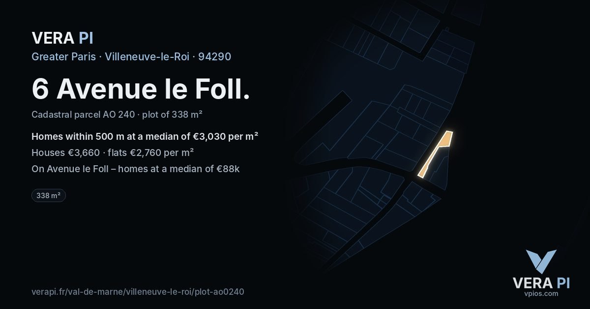 6 Avenue le Foll, Villeneuve-le-Roi at night – the plot lit, the parcels around coloured by the prices near them