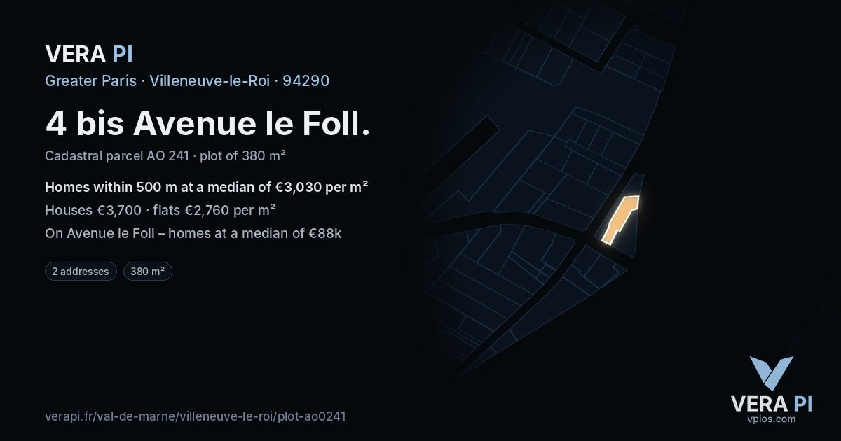 4 bis Avenue le Foll, Villeneuve-le-Roi at night – the plot lit, the parcels around coloured by the prices near them
