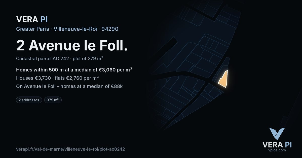 2 Avenue le Foll, Villeneuve-le-Roi at night – the plot lit, the parcels around coloured by the prices near them