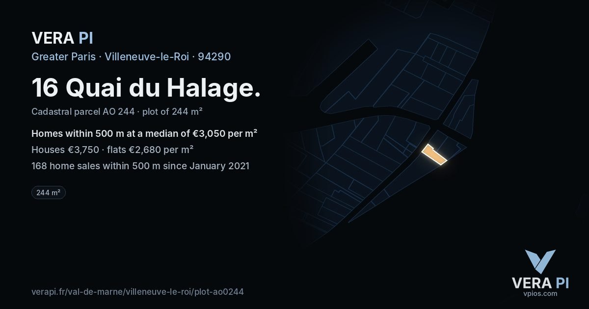 16 Quai du Halage, Villeneuve-le-Roi at night – the plot lit, the parcels around coloured by the prices near them