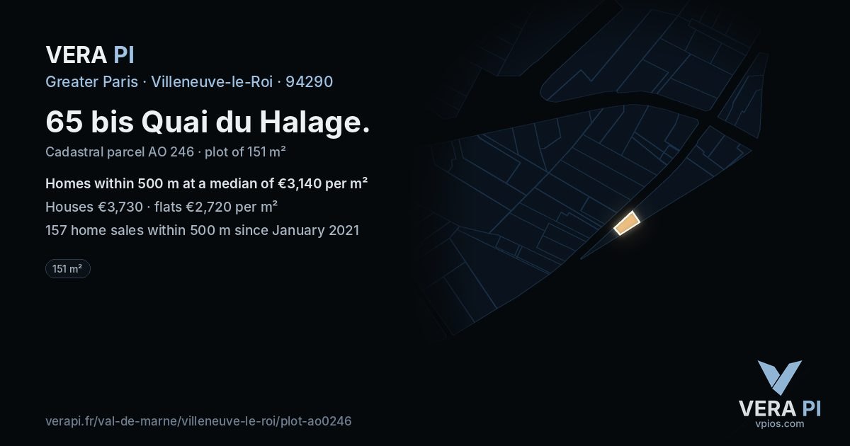 65 bis Quai du Halage, Villeneuve-le-Roi at night – the plot lit, the parcels around coloured by the prices near them