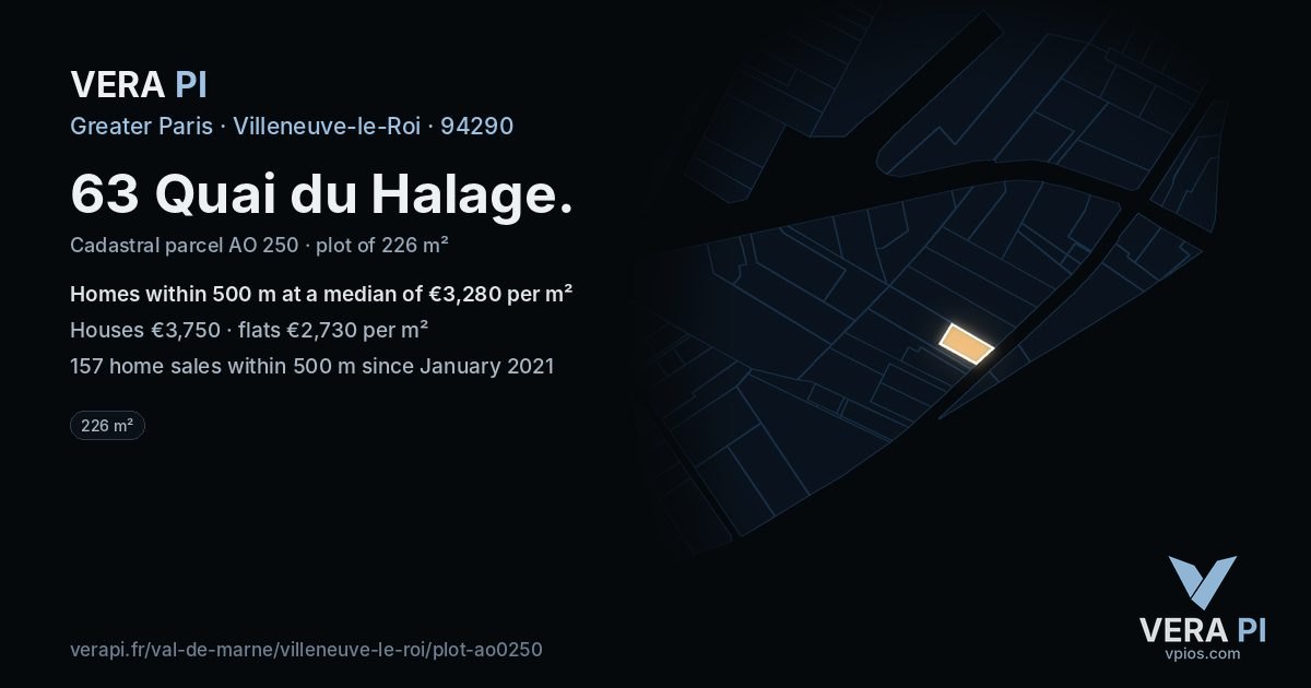 63 Quai du Halage, Villeneuve-le-Roi at night – the plot lit, the parcels around coloured by the prices near them