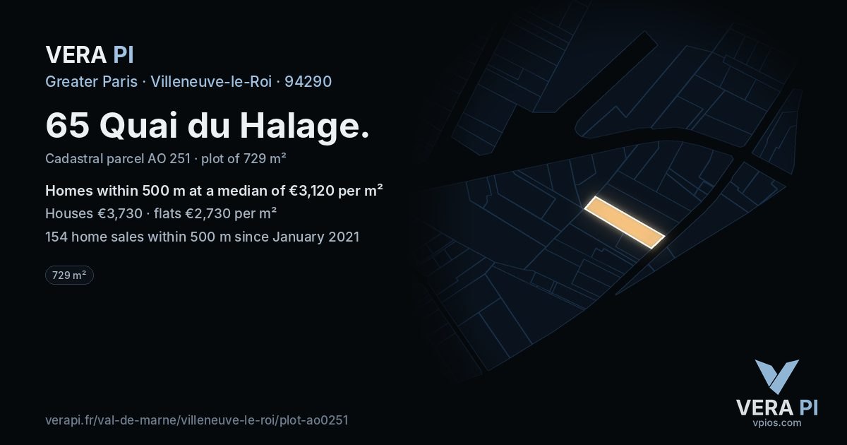 65 Quai du Halage, Villeneuve-le-Roi at night – the plot lit, the parcels around coloured by the prices near them