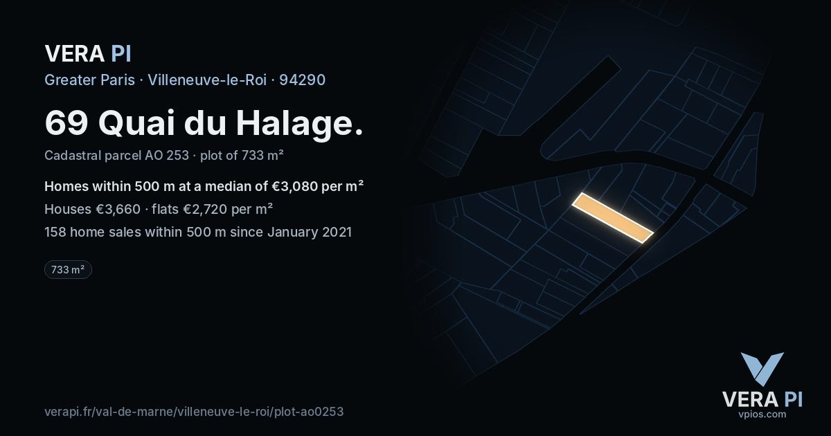 69 Quai du Halage, Villeneuve-le-Roi at night – the plot lit, the parcels around coloured by the prices near them